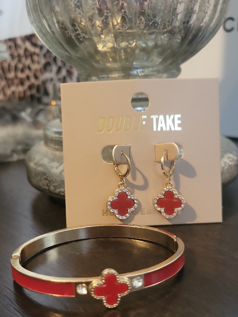NEW❤️ Designer Inspired Classic Red Clover Pendant Earrings & Bangle Set